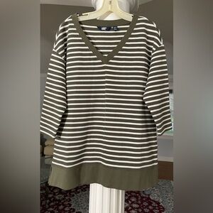 Land’ End women’s 3/4 sleeve waffle knit Tunic green and white striped size M P